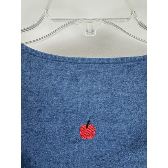 Go Softly Patio Dress Apple Embroidered Blue Relaxed Fit Snaps L - Picture 3 of 8